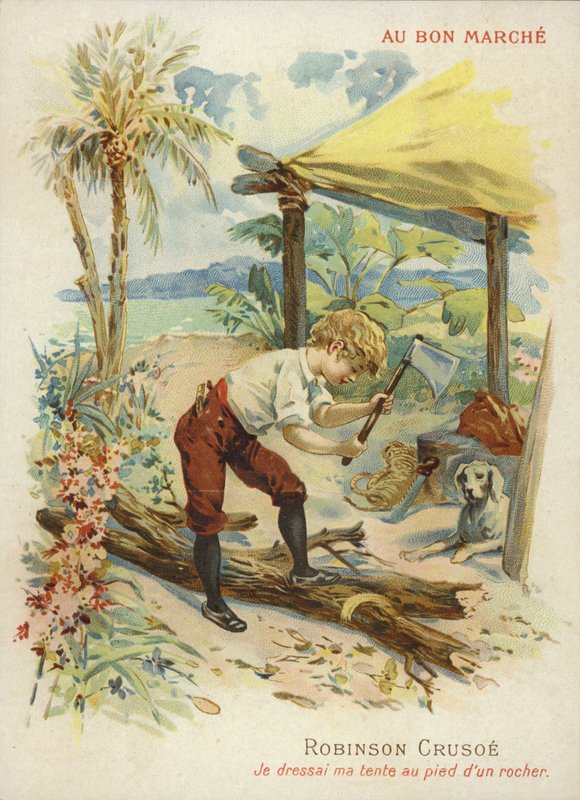 Robinson Crusoe štípe dříví od French School