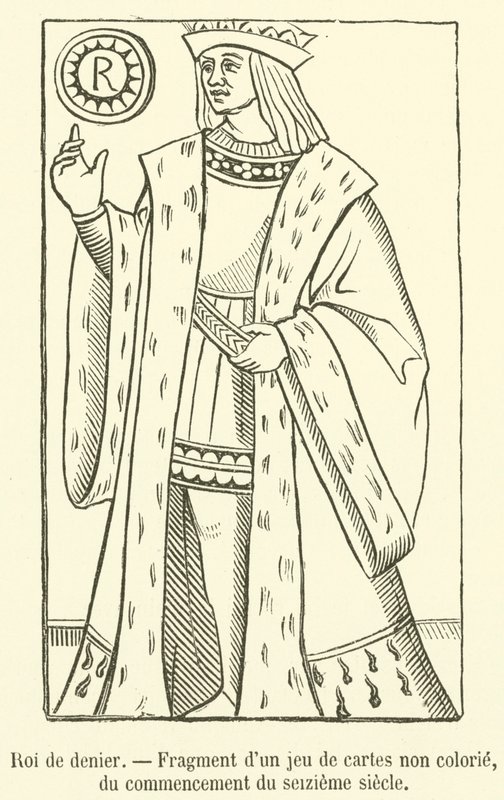 Roi de denier, Fragment nebarveného balíčku karet, z počátku 16. století (rytina) od French School