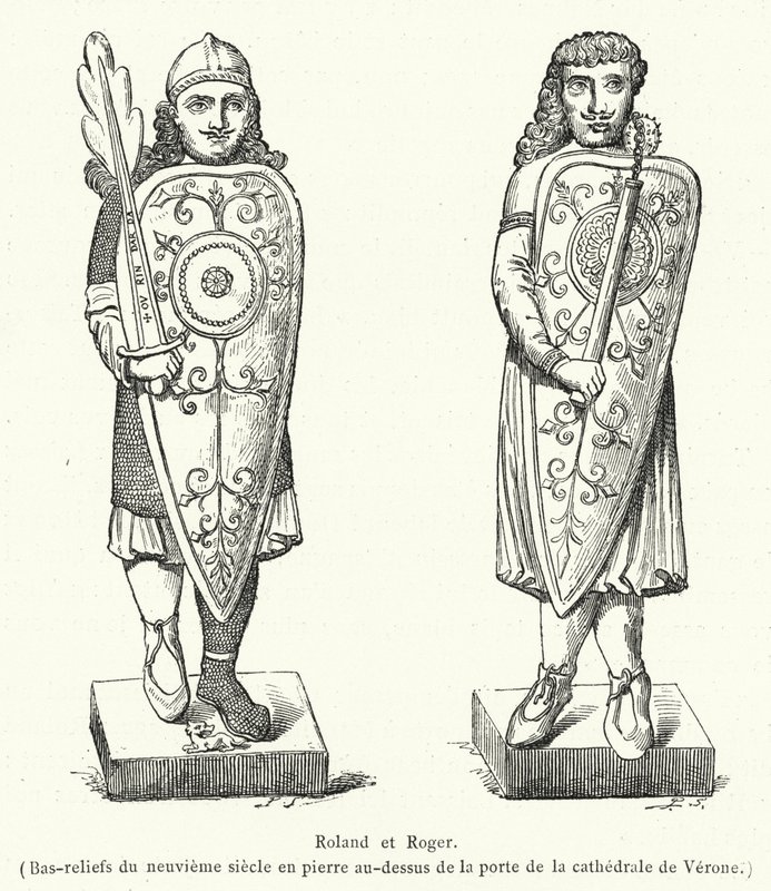 Roland a Roger, kamenné basreliéfy z devátého století nad dveřmi veronské katedrály (rytina) od French School
