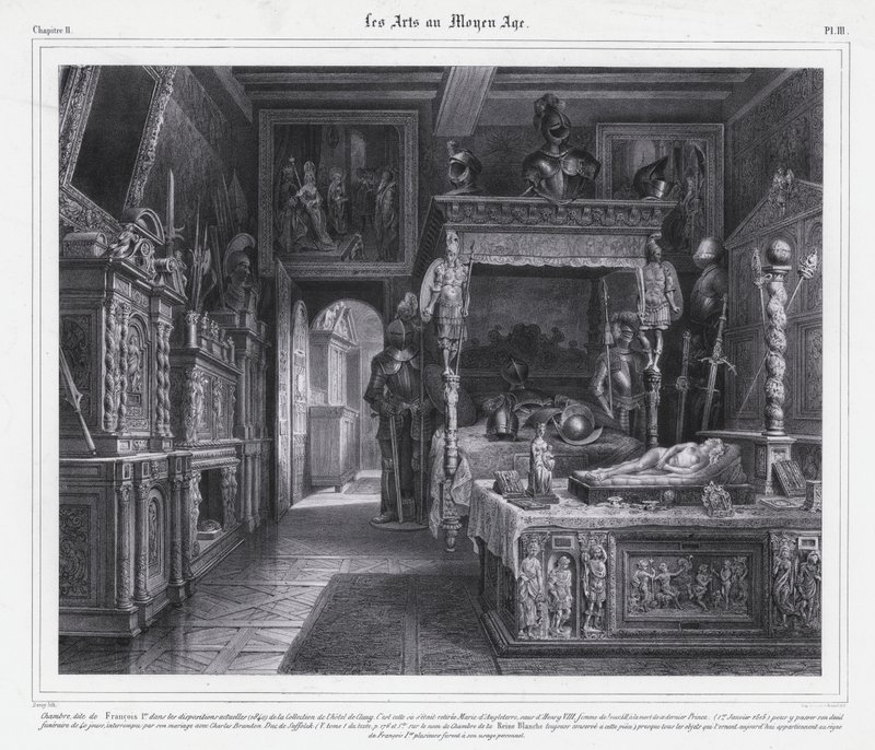 Pokoj v hotelu de Cluny v Paříži, kde Marie Tudorová strávila období smutku v roce 1515 po smrti svého manžela, francouzského krále Ludvíka XII (litho) od French School