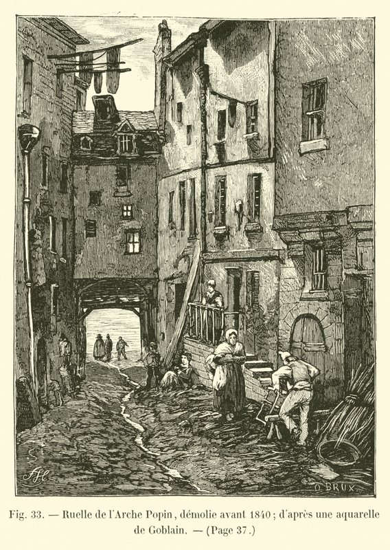 Ruelle de lArche Popin, zbořený před rokem 1840; po akvarelu od Goblaina od French School