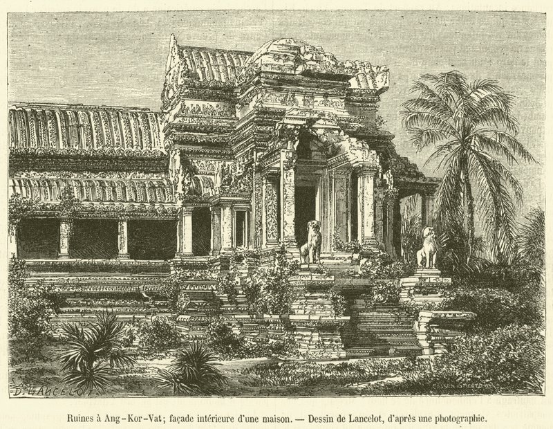 Ruiny v Angkor-Vat, vnitřní fasáda domu (rytina) od French School