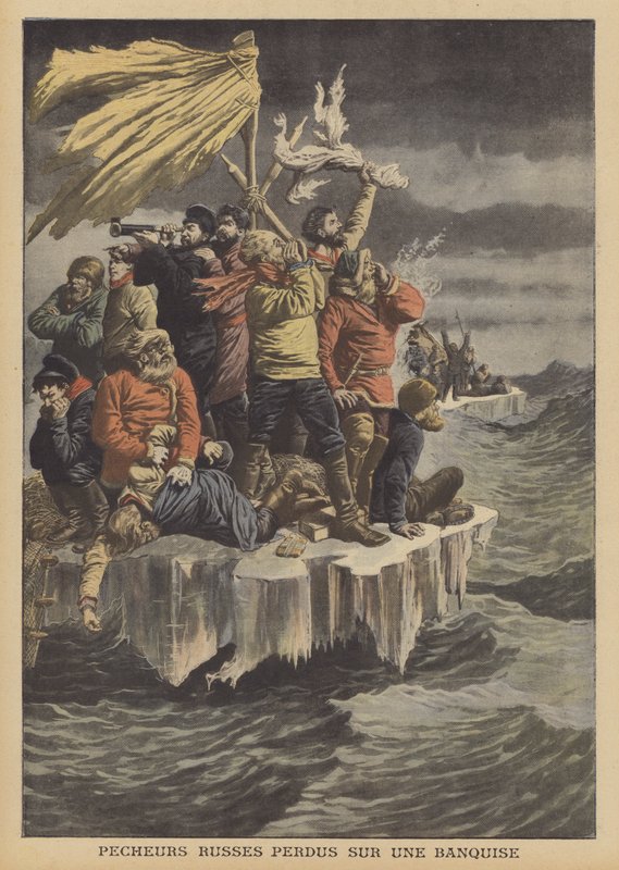 Ruští rybáři plují na ledové kře (barva litho) od French School