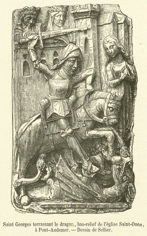 Saint George zabíjející draka, basreliéf kostela Saint-Ouen, v Pont-Audemer (rytina) od French School