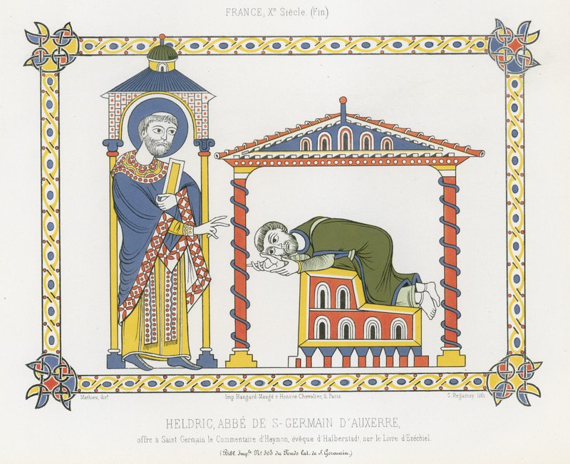 Saint Germain a Heldric v opatství Saint-Germain dAuxerre od French School