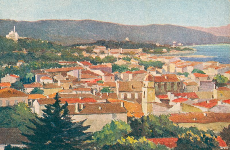 Saint Tropez: Celkový pohled (barevná litografie) od French School