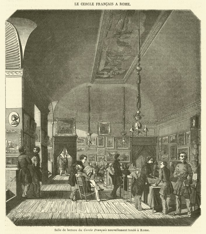 Čítárna nově založeného Francouzského klubu v Římě (rytina) od French School