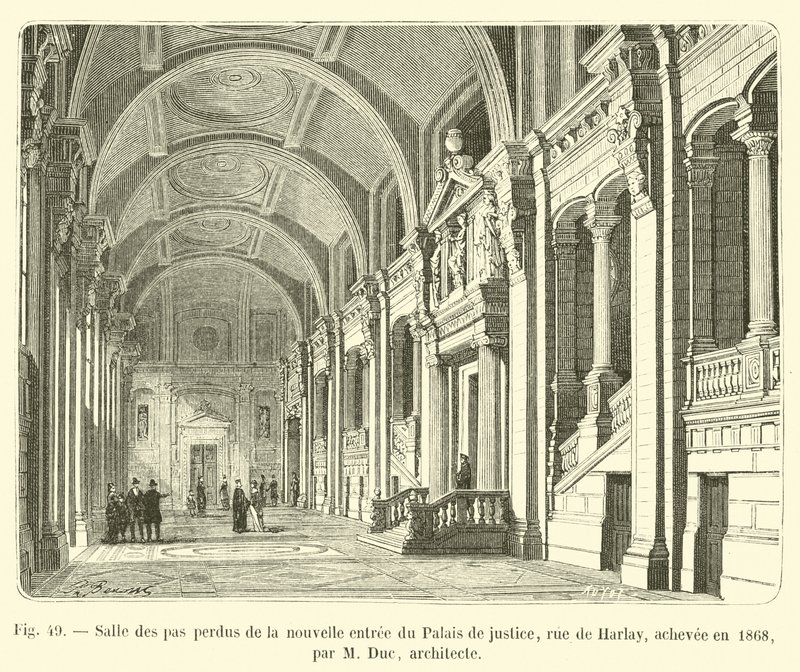 Salle des pas perdus u nového vchodu do Palais de Justice, rue de Harlay, dokončena v roce 1868, M Duc, architekt od French School