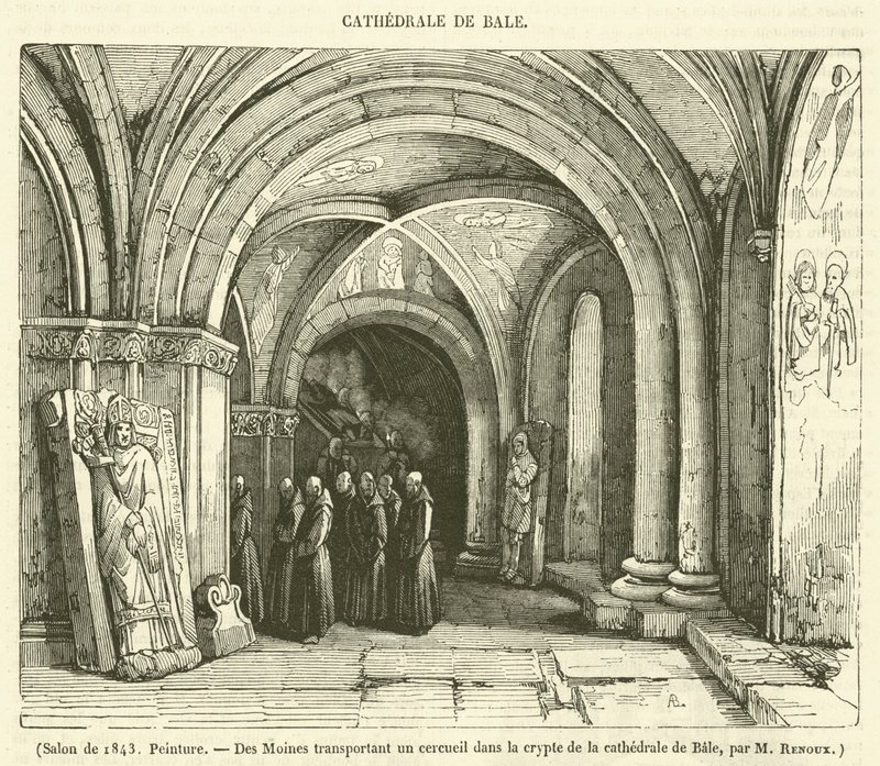 Salon 1843, Malba, Des Moines transportant un cercueil dans la crypte de la cathedrale de Bale (rytina) od French School