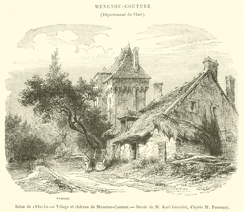 Obývací pokoj z let 1850-51, vesnice a hrad Menetou-Couture (rytina) od French School