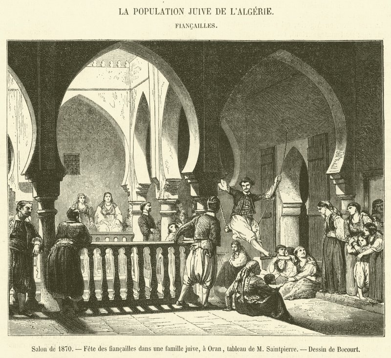 Salon z roku 1870, zásnubní večírek v židovské rodině, v Oran (rytina) od French School