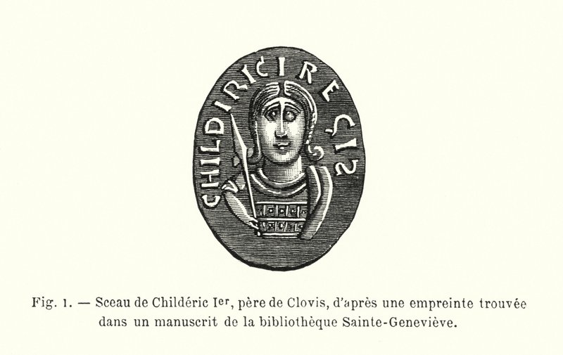Pečeť Childerica I., otce Clovise, z otisku nalezeného v rukopisu v knihovně Sainte-Genevieve (rytina) od French School