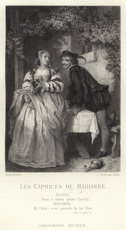 Scéna z Les Caprices de Marianne, hry Alfreda de Musseta od French School