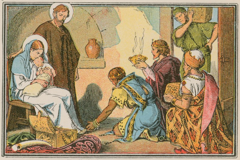 Scéna z Ježíšova života (barevná rytina) od French School