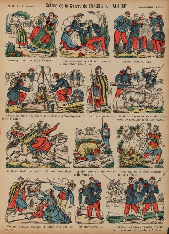 Scény z francouzských koloniálních válek v Alžírsku a Tunisku (barevná rytina) od French School