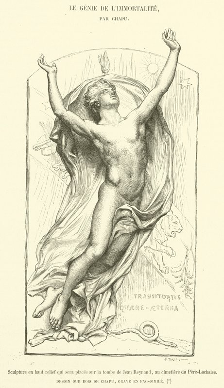 Socha ve vysokém reliéfu, která bude umístěna na hrob Jean Reynaud, na hřbitově Pere-Lachaise (rytina) od French School