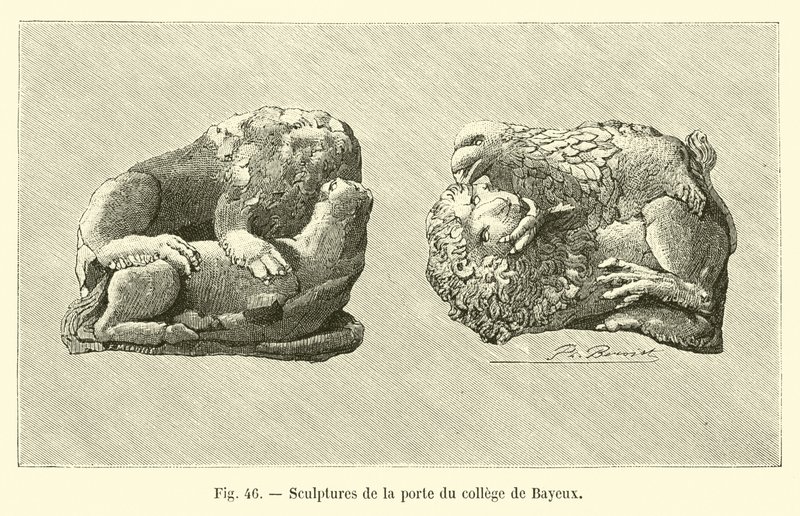 Sochy na dveřích koleje v Bayeux (rytina) od French School