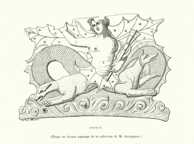 Scylla, starověká řecká bronzová plaketa (rytina) od French School