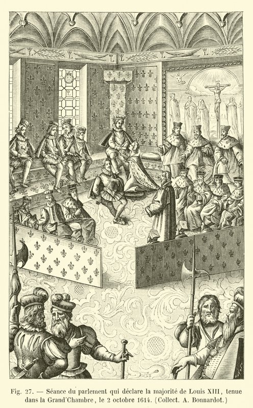 Zasedání parlamentu, které deklaruje většinu Ludvíka XIII., konané ve Velké komoře, 2. října 1614, Collect A Bonnardot od French School