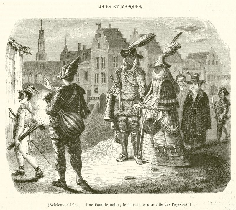 Šestnácté století, Šlechtická rodina večer ve městě v Nizozemsku (rytina) od French School