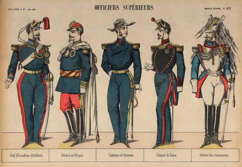 Vyšší francouzští vojenští důstojníci (barevná rytina) od French School