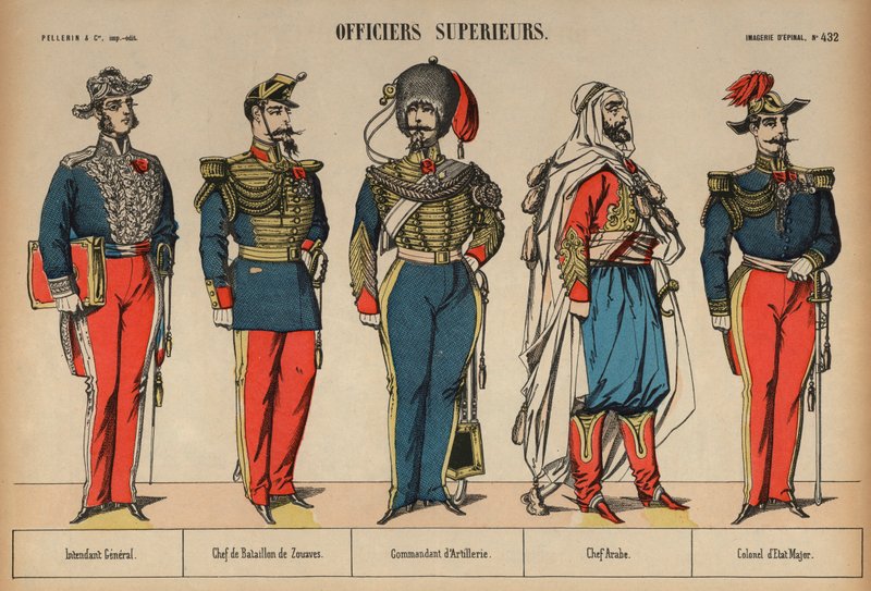 Vyšší armádní důstojníci (barevná rytina) od French School