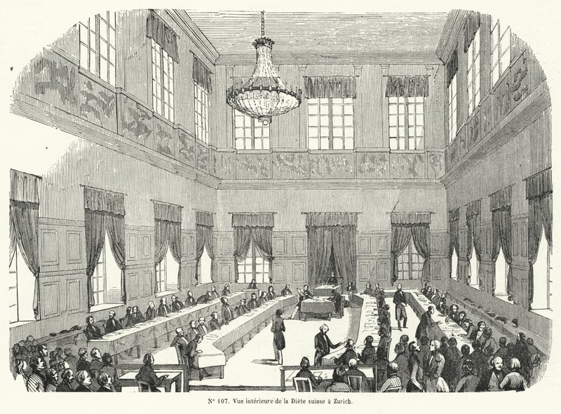 Zasedání Tagsatzung, švýcarského federálního sněmu, v Curychu (rytina) od French School