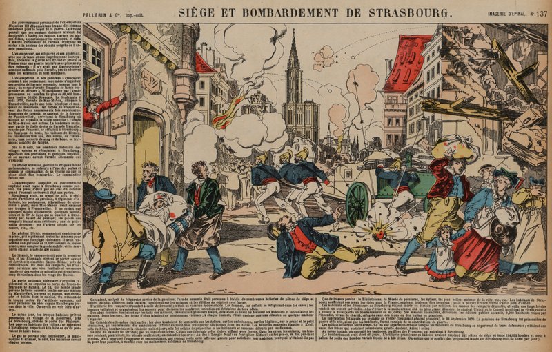 Obléhání a bombardování Štrasburku, francouzsko-pruská válka, srpen-září 1870 (barevná rytina) od French School