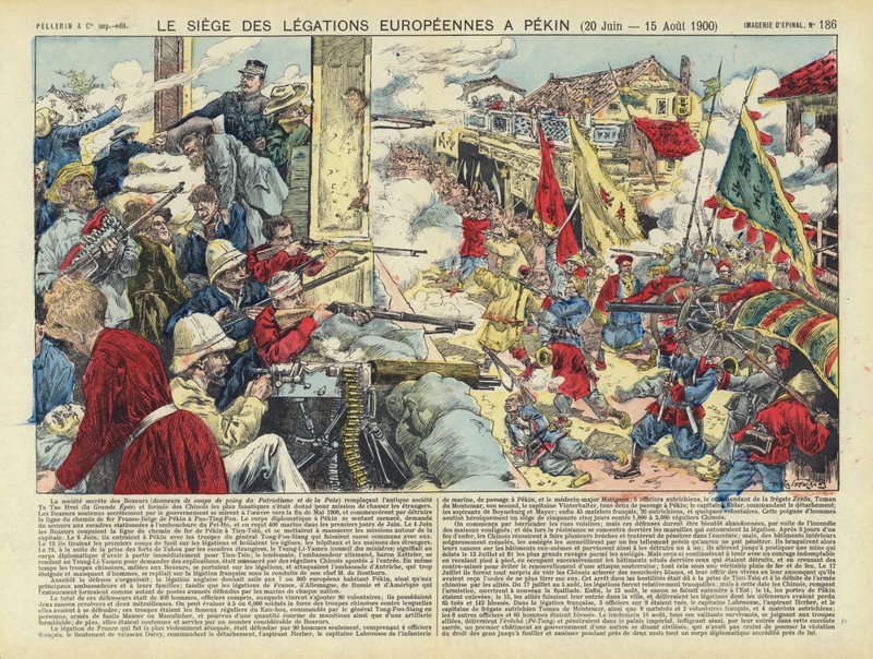 Obléhání evropských legií v Pekingu, Boxerské povstání, Čína, 20. června - 15. srpna 1900 (barevná litografie) od French School