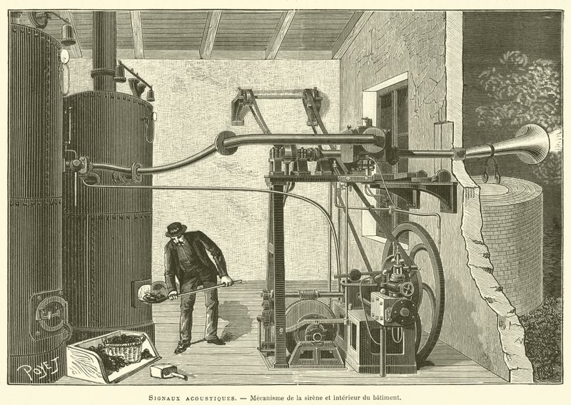 Akustické signály, mechanismus sirény a interiér budovy (rytina) od French School