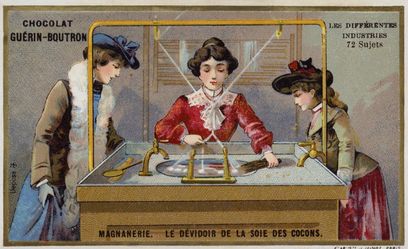 Výroba hedvábí. Předení vláken na cívku (chromolitho) od French School