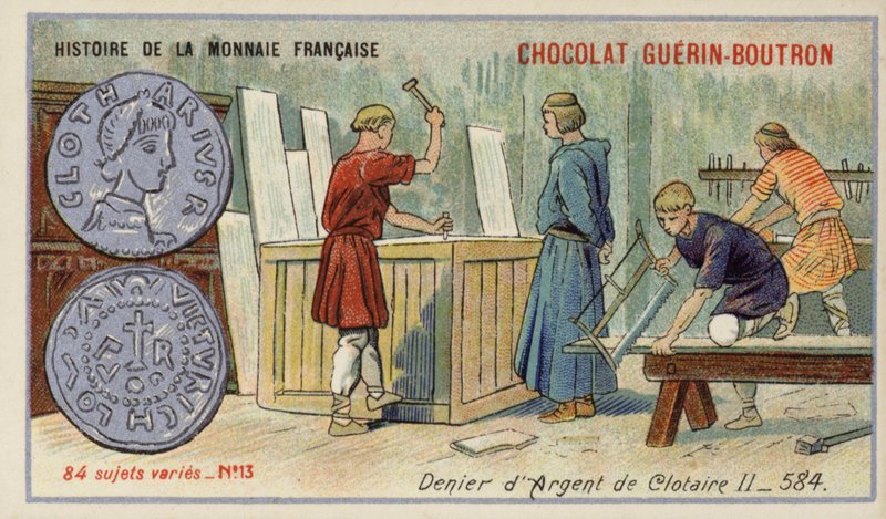 Stříbrný denier Chlothar II, 584 (chromolitho) od French School