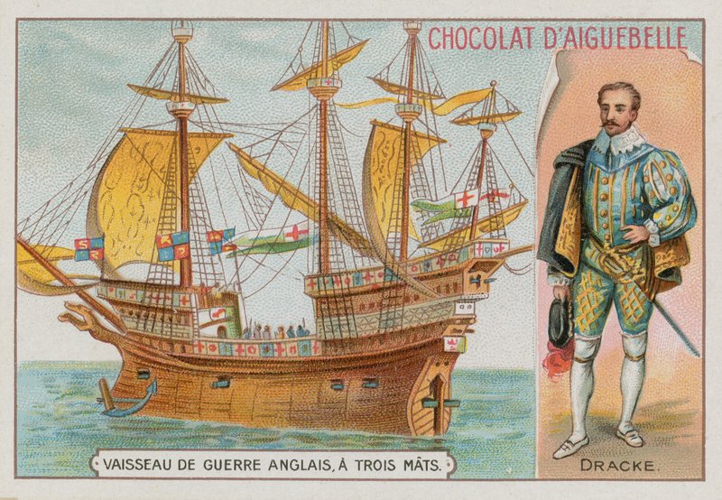 Sir Francis Drake a třístěžňová anglická válečná loď od French School