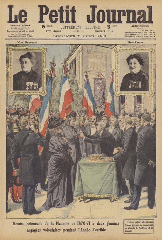 Slavnostní předání francouzsko-pruské válečné medaile dvěma francouzským dobrovolnicím z Annee… (barva litho) od French School