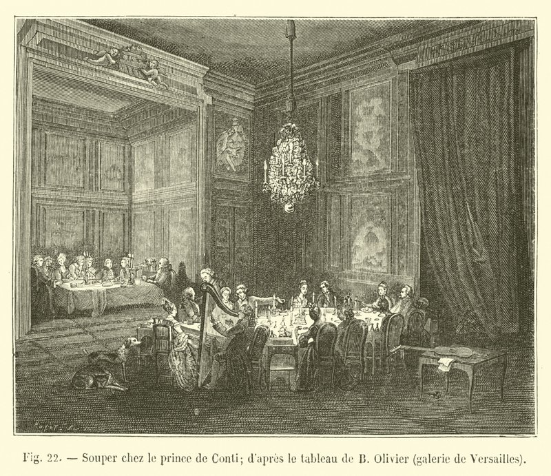 Večeře s princem de Conti; podle obrazu B. Oliviera, galerie Versailles od French School