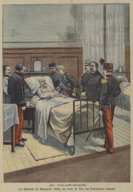 Španělský generál Jose de Bascaran na návštěvě zraněných kyrysníků jménem krále Alfonsa XIII. ve vojenské nemocnici Val-de-Grace v Paříži (barevné lito) od French School