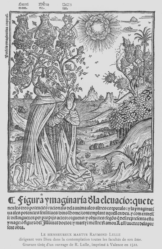 Španělský filozof a františkánský terciář Ramon Llull v kontemplaci, směřující všechny schopnosti své duše k Bohu (litho) od French School