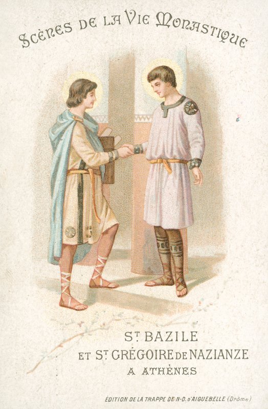 Svatý Basil a svatý Řehoř z Nazianzu v Aténách (chromolitho) od French School