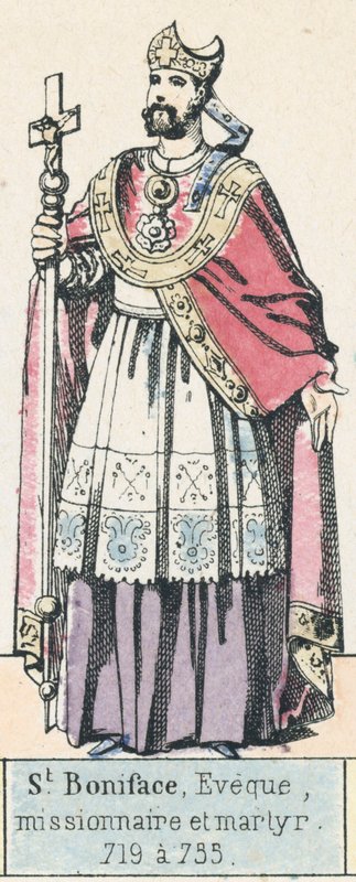 Svatý Bonifác, biskup, misionář a mučedník, 719 až 735 (barevná rytina) od French School