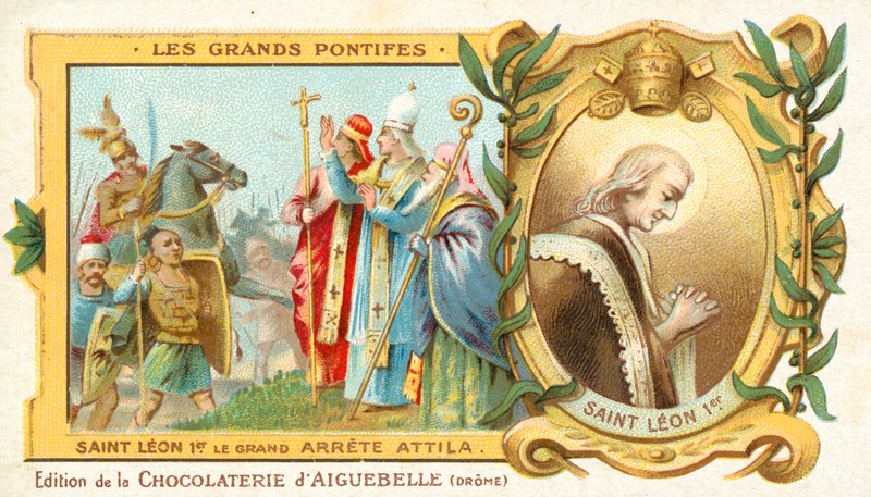 Svatý Lev Veliký zastavuje dobytí Itálie Attilou Hunem, 452 (chromolitho) od French School