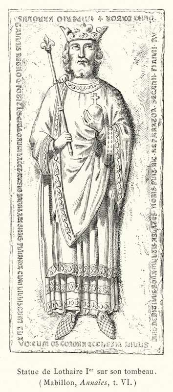 Socha Lothaira I na jeho hrobce (rytina) od French School