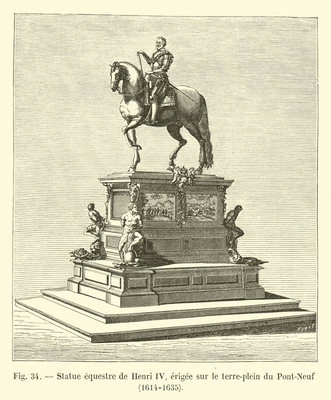 Jezdecká socha Jindřicha IV., postavená na středním mostě Pont-Neuf, 1614-1635 od French School