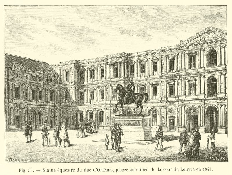 Jezdecká socha vévody z Orleans, umístěná uprostřed nádvoří Louvru v roce 1844 od French School