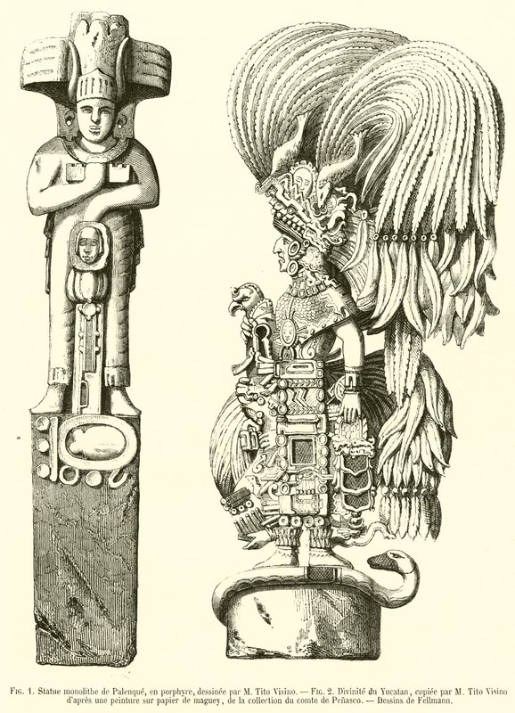 Monolitová socha Palenque, v porfyru; Divinity of Yucatan (rytina) od French School