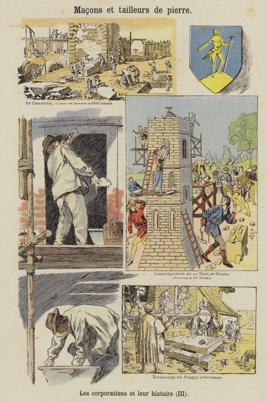 Kameníci a zedníci (barevná litografie) od French School