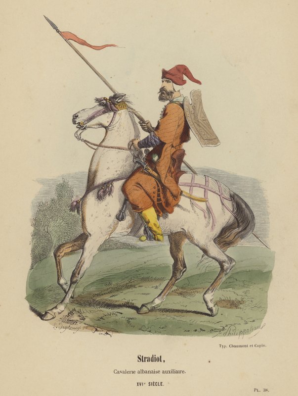 Stradiot, pomocná albánská kavalérie, XVI. století (barevná rytina) od French School
