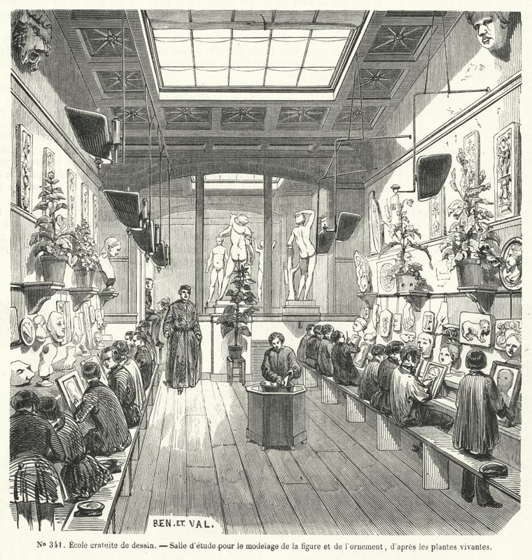 Studenti ve třídě na bezplatné škole kreslení, Francie (rytina) od French School