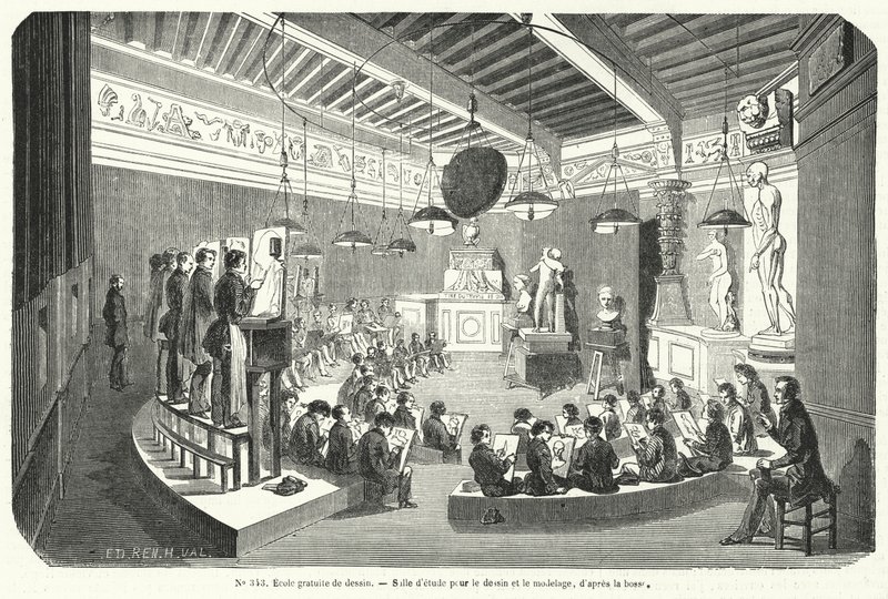 Studenti ve třídě na bezplatné škole kreslení, Francie (rytina) od French School