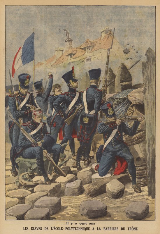 Studenti Ecole Polytechnique bránící Barriere du Trone, jednu z bran Paříže, v roce 1814 (barevné lito) od French School