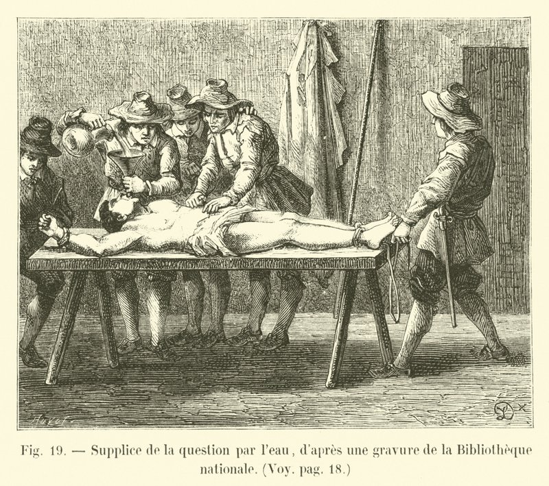 Mučení otázky vodou, z rytiny v Bibliotheque Nationale od French School